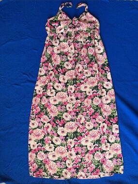 Pink Floral Halter Maxi Dress with Green Leaf Print